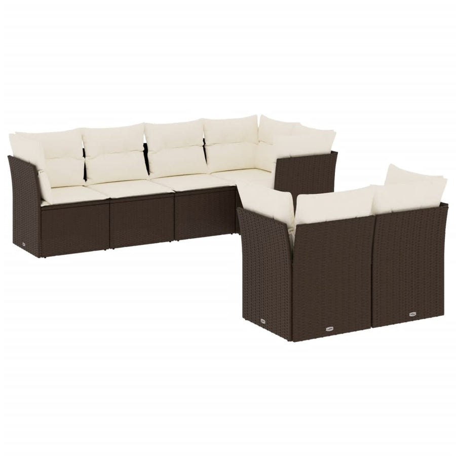 7-delige Loungeset met kussens poly rattan bruin Bruin en crème