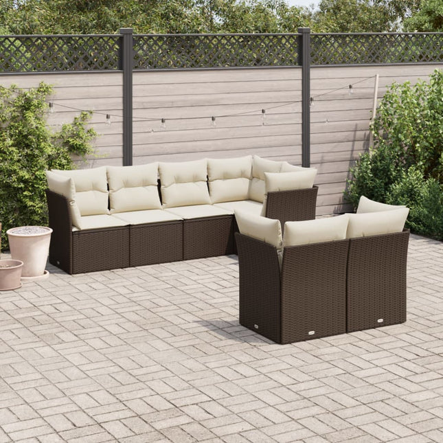 7-delige Loungeset met kussens poly rattan bruin Bruin en crème