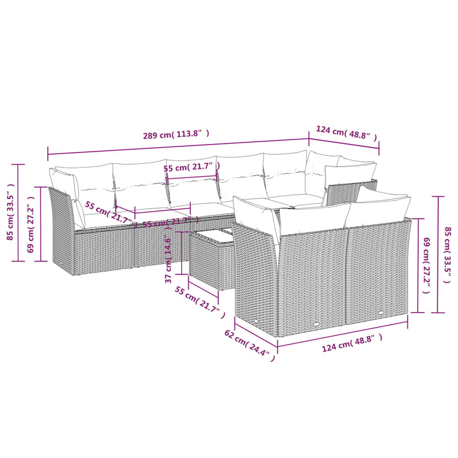9-Delige Loungeset Met Kussens Poly Rattan Zwart