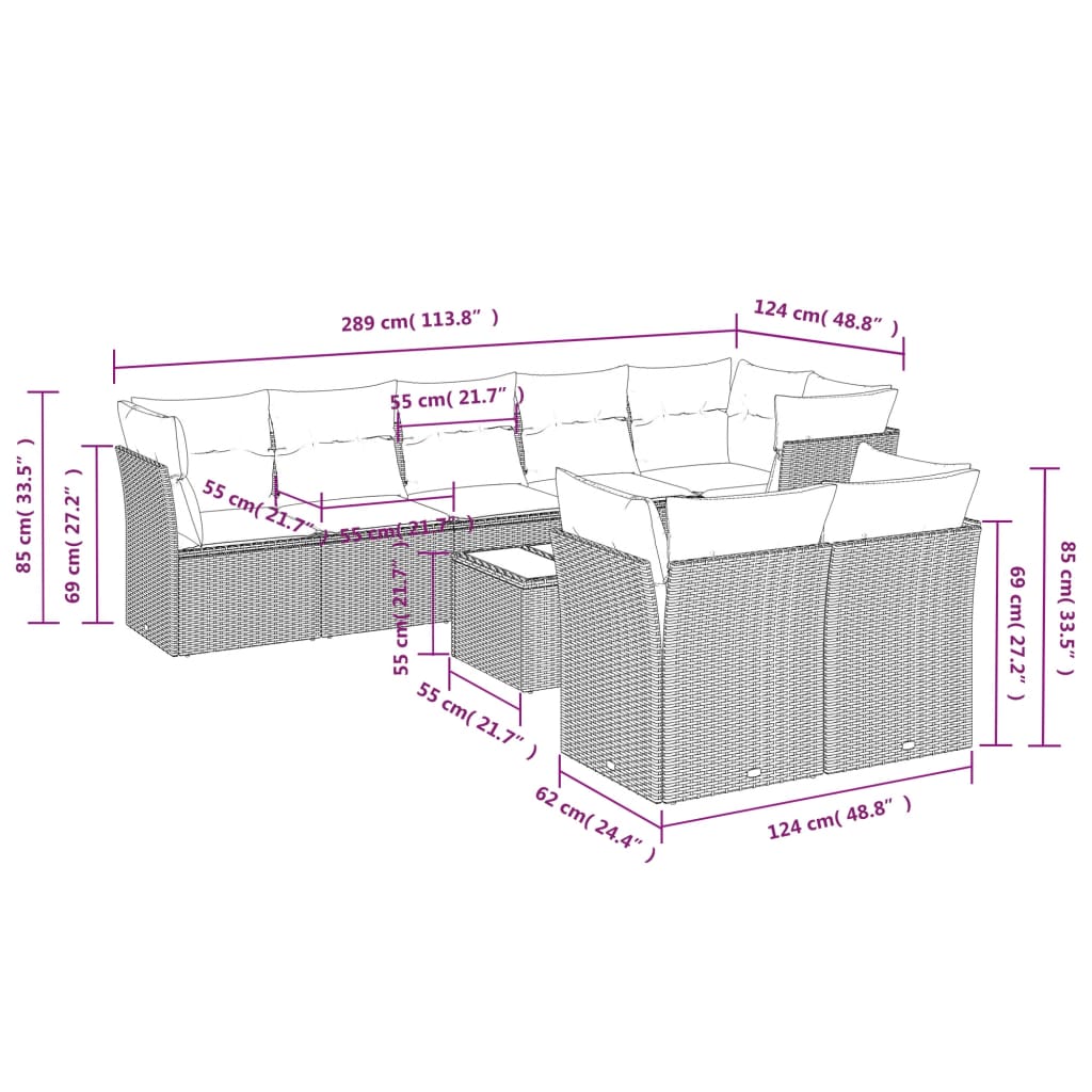 9-delige Loungeset met kussens poly rattan beige Beige en grijs Met tafel