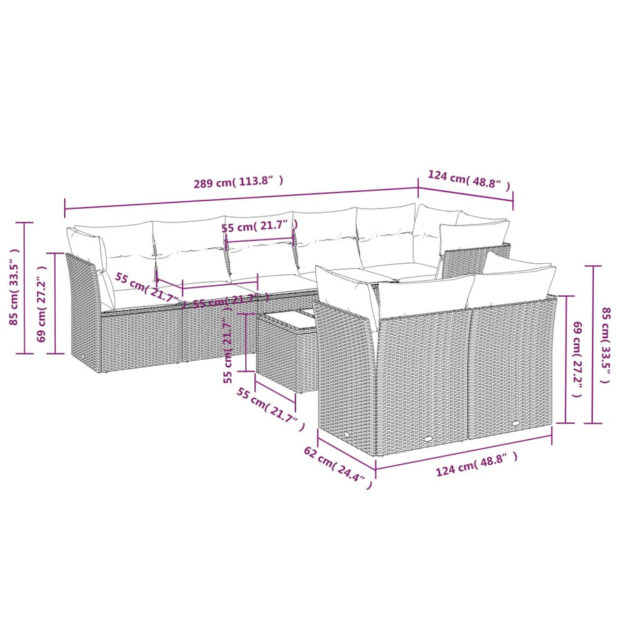 9-delige Loungeset met kussens poly rattan beige Beige en grijs Met tafel