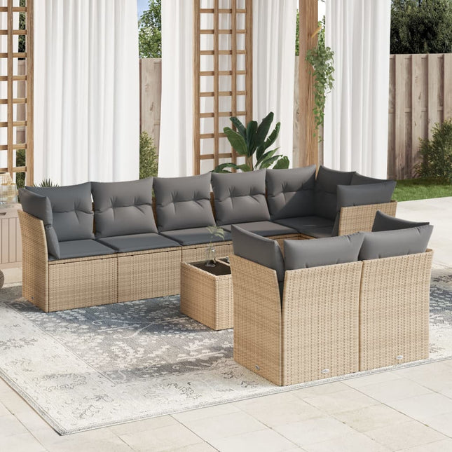 9-delige Loungeset met kussens poly rattan beige Beige en grijs Met tafel