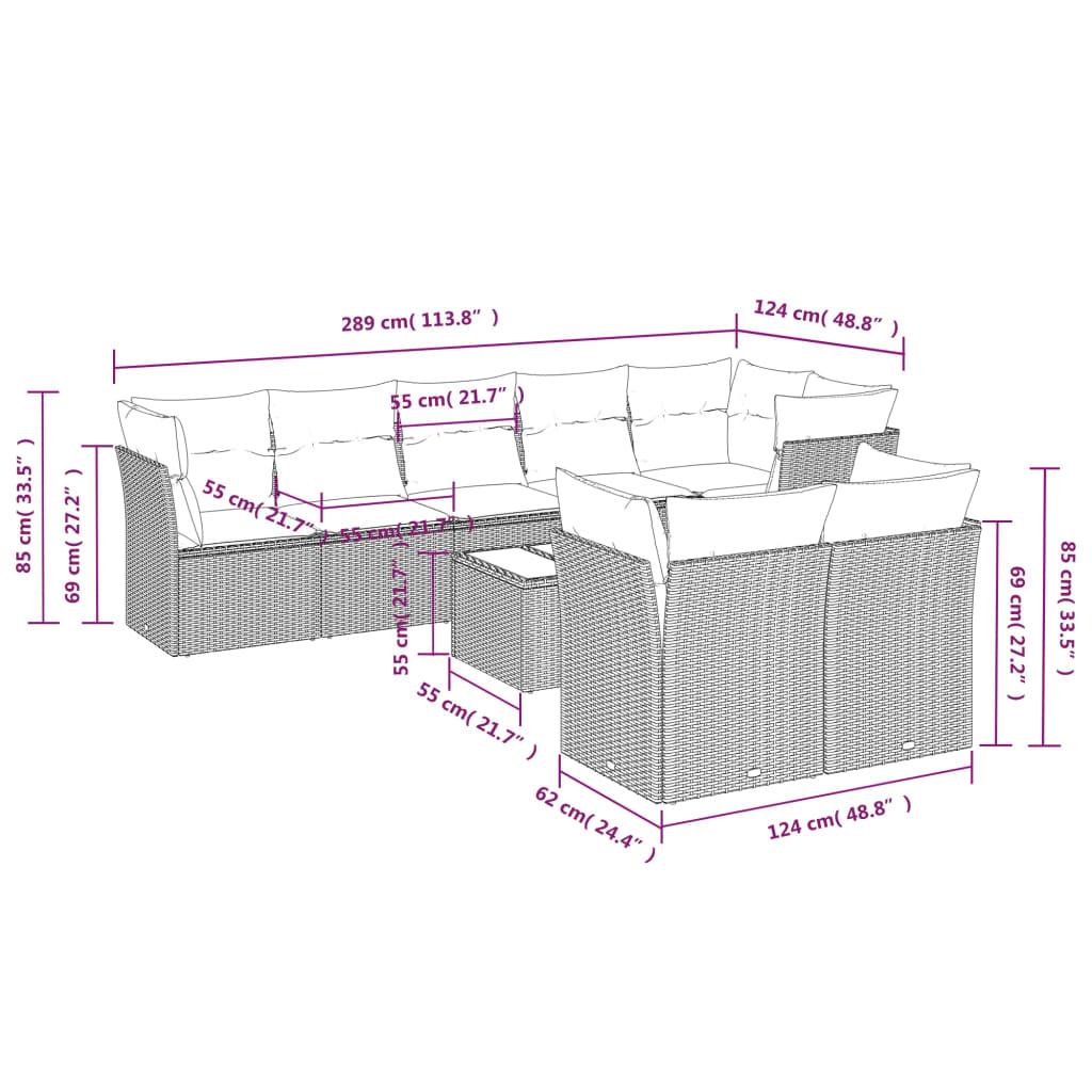 9-Delige Loungeset Met Kussens Poly Rattan Grijs
