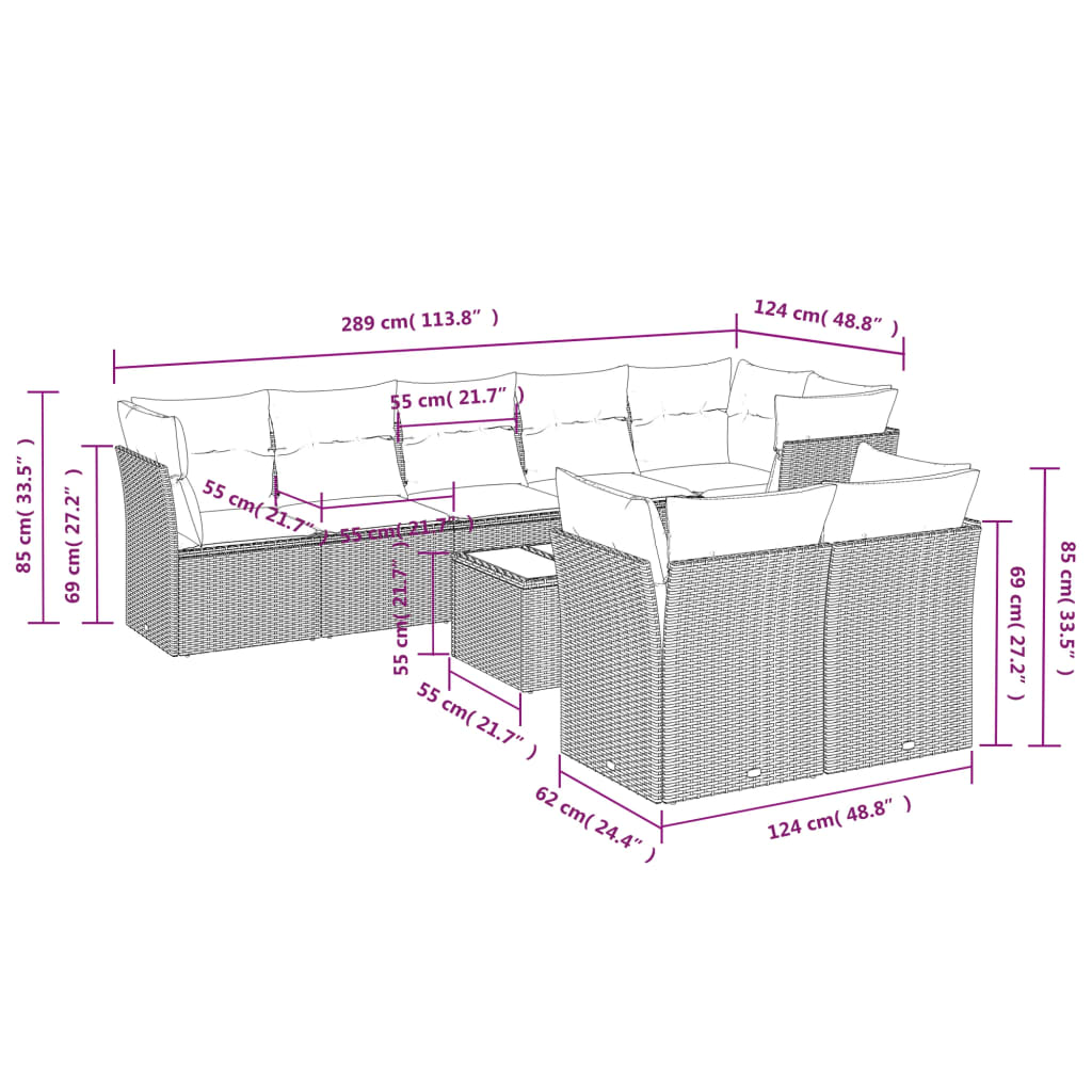 9-delige Loungeset met kussens poly rattan lichtgrijs