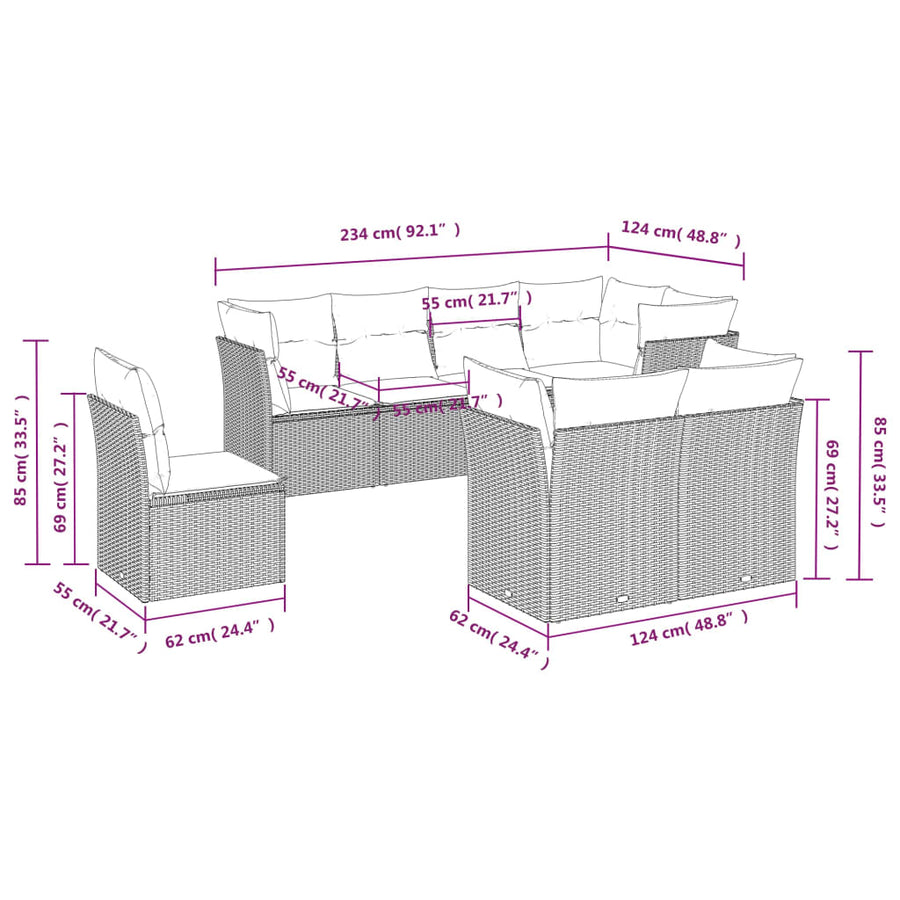 8-delige Loungeset met kussens poly rattan lichtgrijs