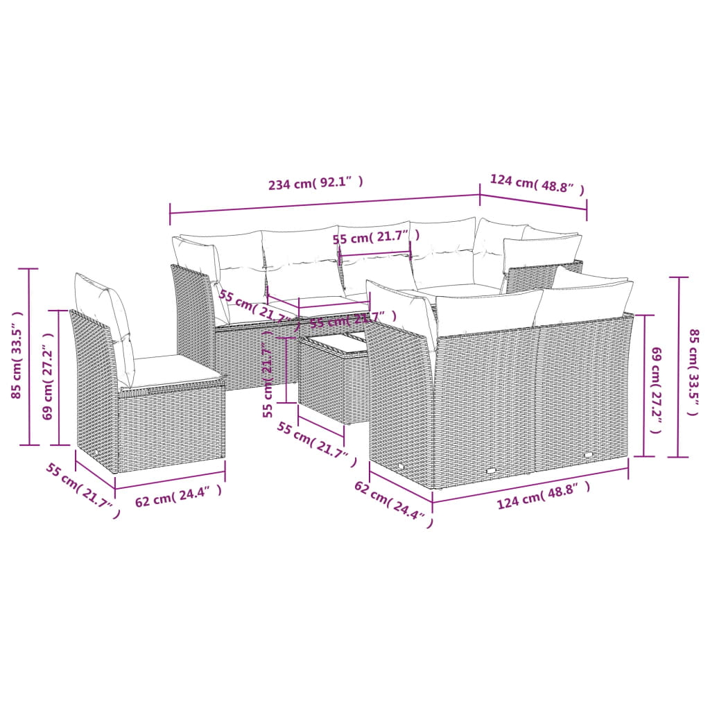 9-Delige Loungeset Met Kussens Poly Rattan Zwart