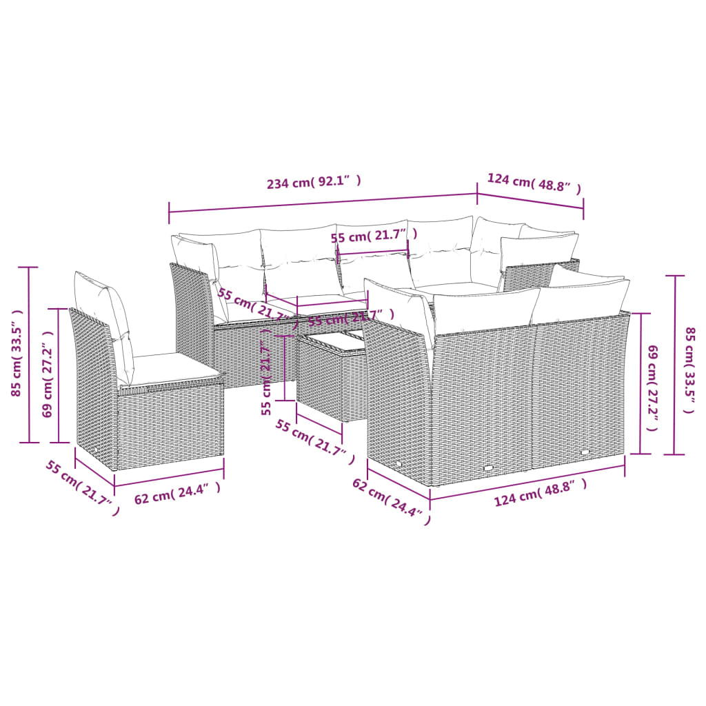 9-Delige Loungeset Met Kussens Poly Rattan Beige beige and cream Met tafel