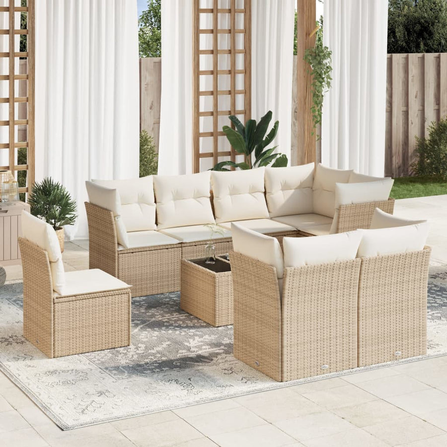 10-Delige Loungeset Met Kussens Poly Rattan Beige Blauw