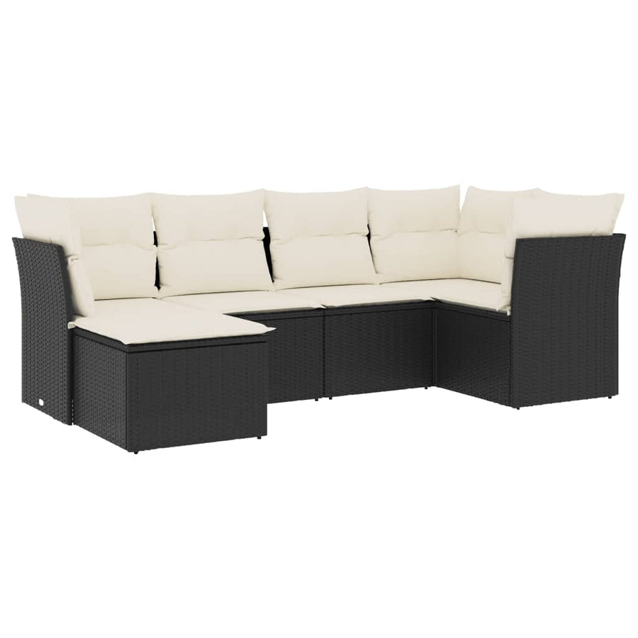 6-delige Loungeset met kussens poly rattan zwart Zwart en crème Zonder tafel