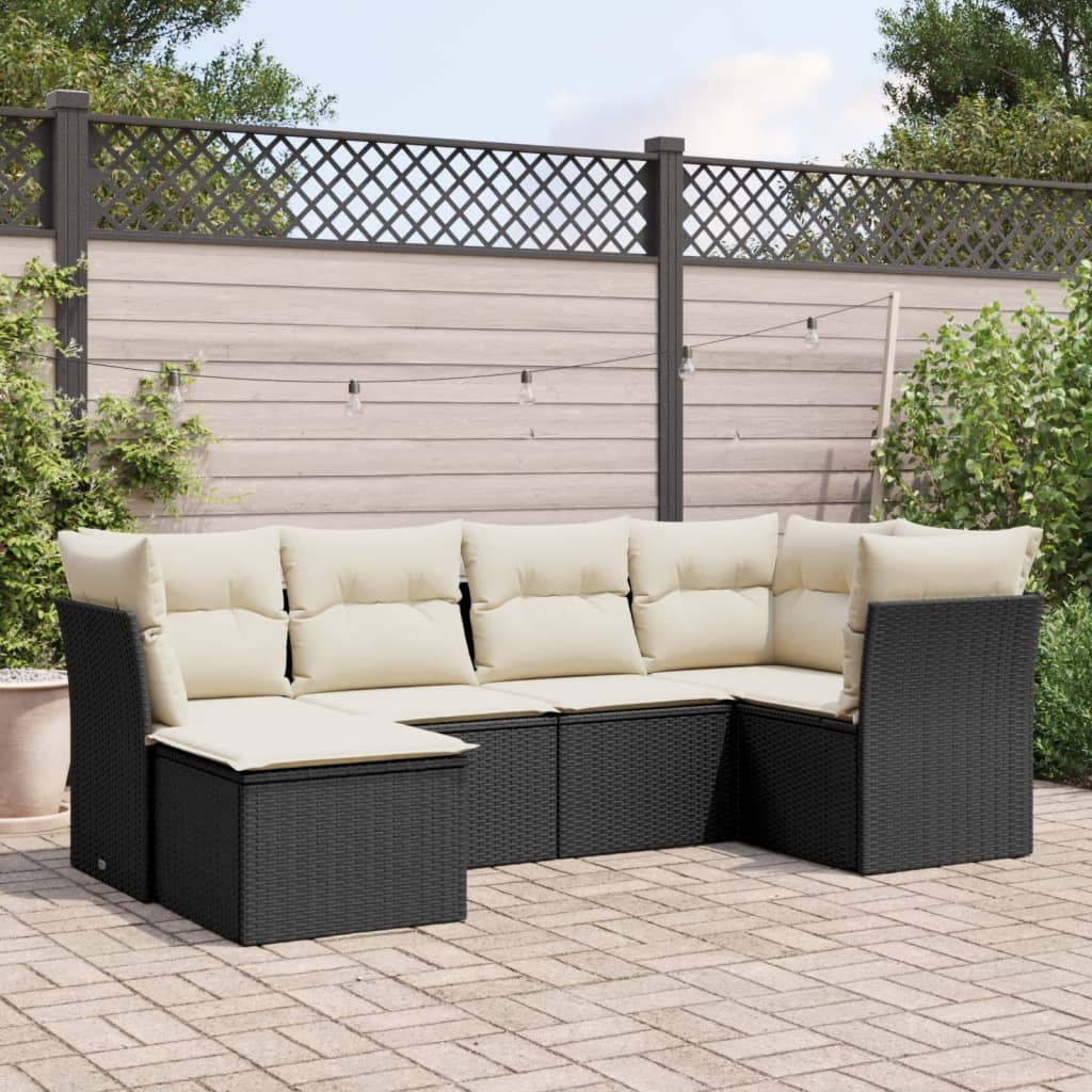 6-delige Loungeset met kussens poly rattan zwart Zwart en crème Zonder tafel