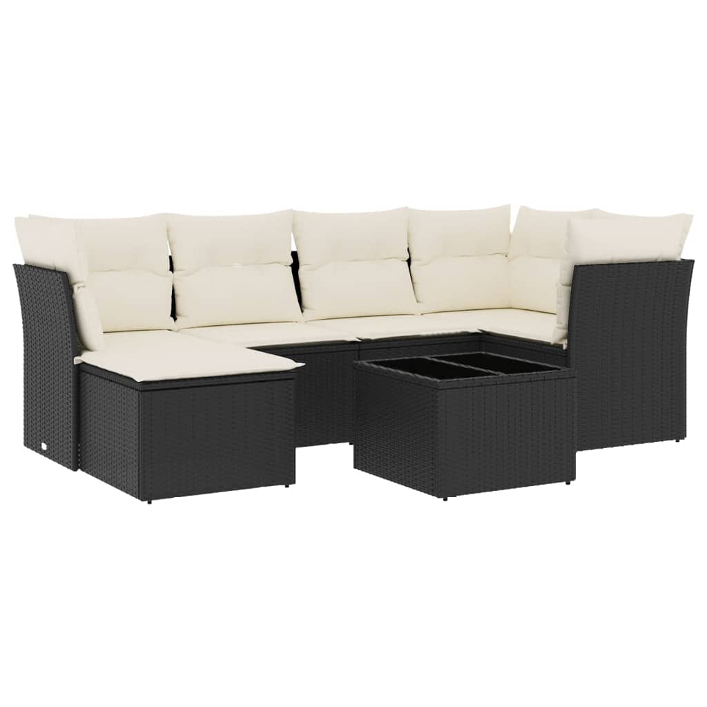 7-delige Loungeset met kussens poly rattan zwart 1 Zwart en crème
