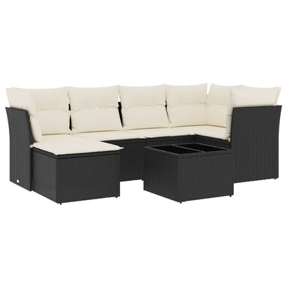 7-delige Loungeset met kussens poly rattan zwart 1 Zwart en crème