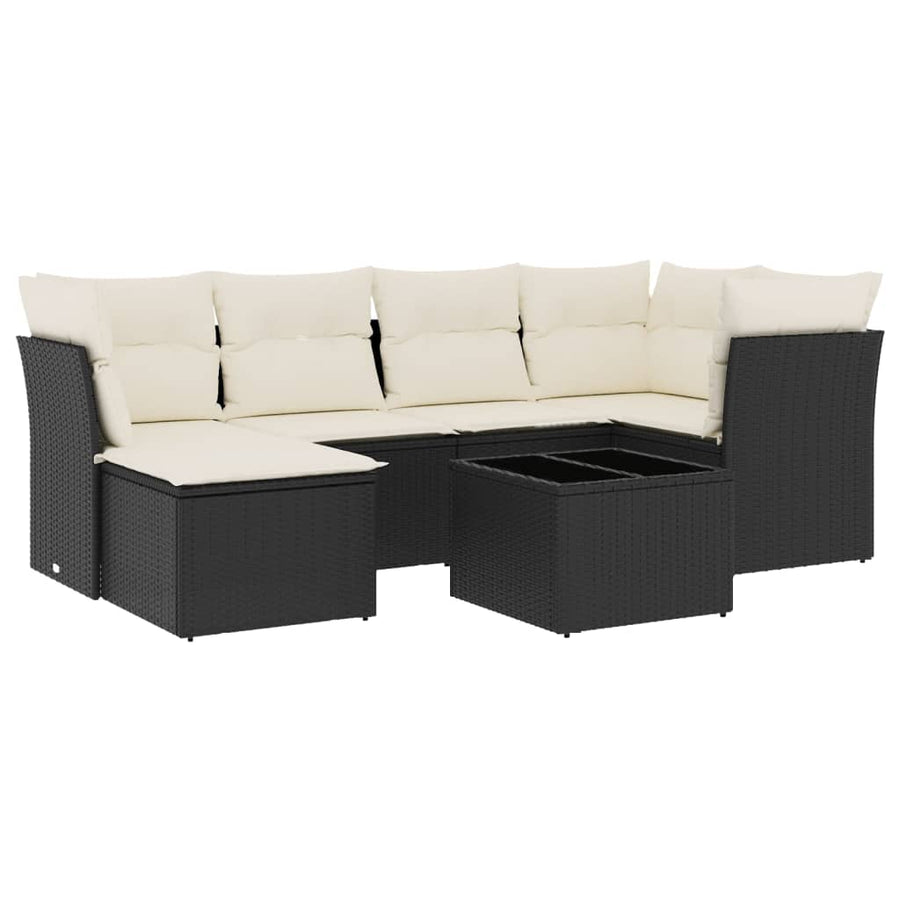 7-delige Loungeset met kussens poly rattan zwart 1 Zwart en crème