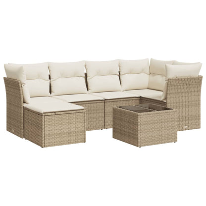 7-delige Loungeset met kussens poly rattan beige