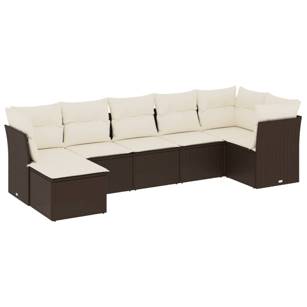 7-delige Loungeset met kussens poly rattan bruin Bruin en crème Zonder tafel
