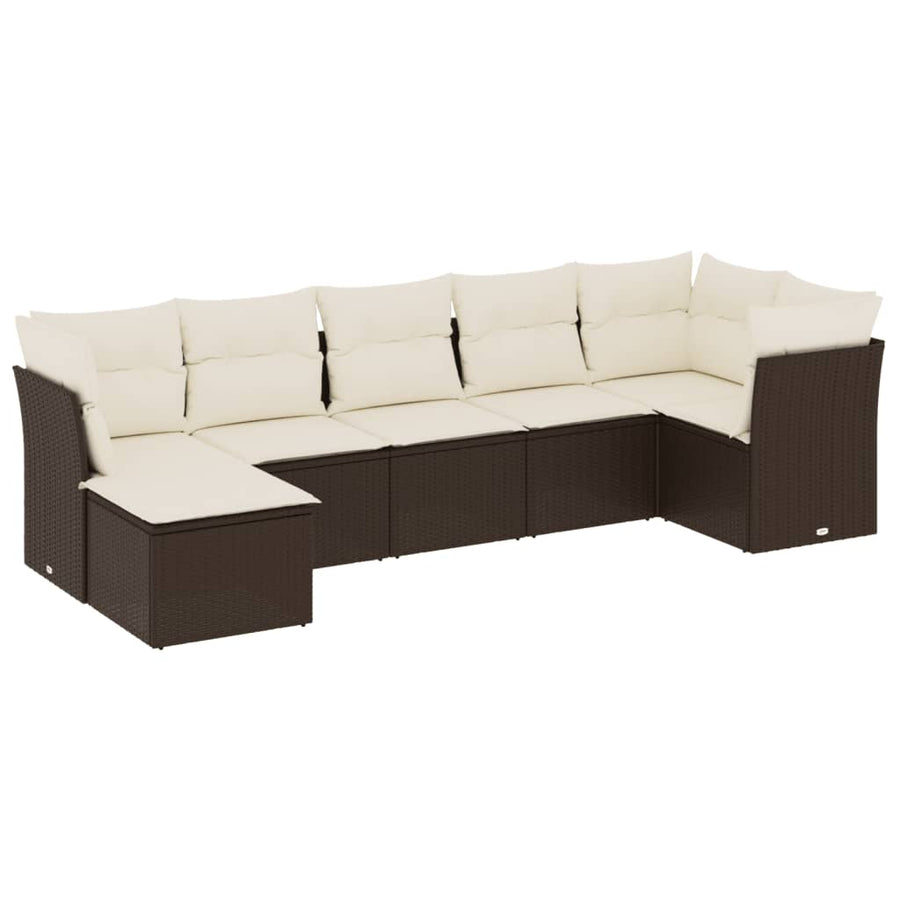 7-delige Loungeset met kussens poly rattan bruin Bruin en crème Zonder tafel