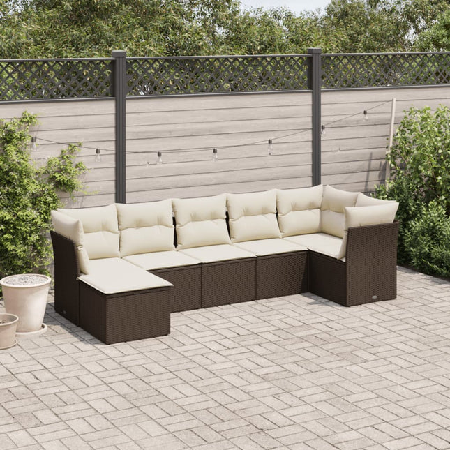 7-delige Loungeset met kussens poly rattan bruin Bruin en crème Zonder tafel