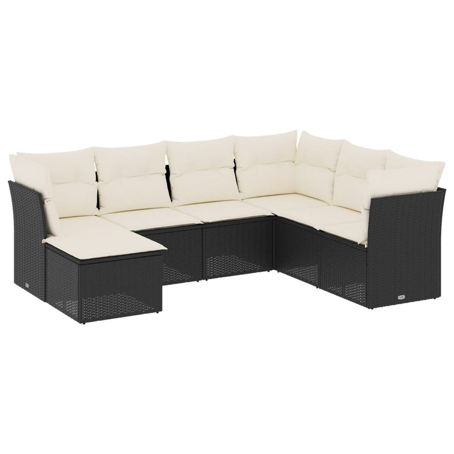 7-delige Loungeset met kussens poly rattan zwart Zwart en crème Met tafel