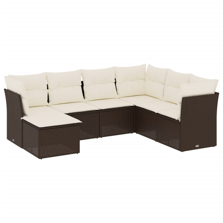 7-delige Loungeset met kussens poly rattan bruin Bruin en crème Met tafel