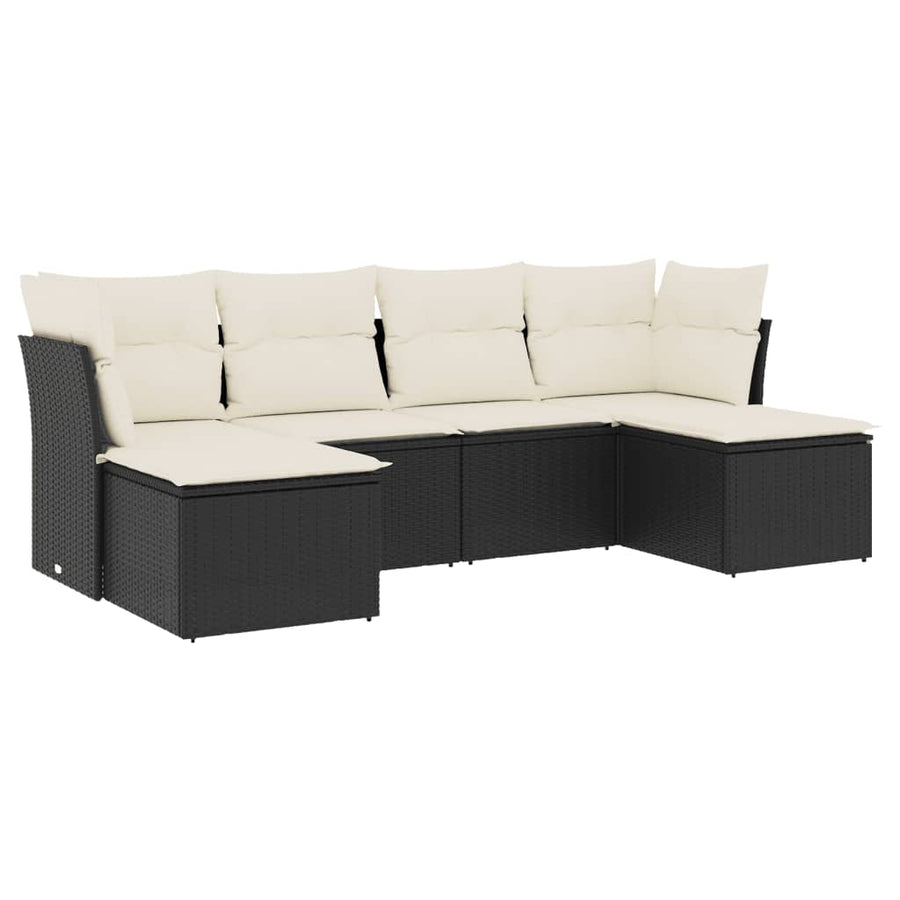 6-delige Loungeset met kussens poly rattan zwart 1 Zwart en crème