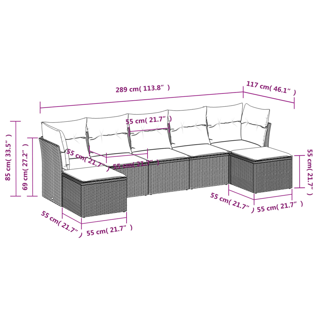 7-delige Loungeset met kussens poly rattan lichtgrijs