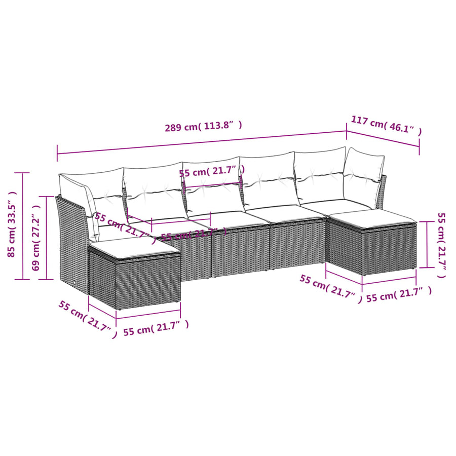 7-delige Loungeset met kussens poly rattan lichtgrijs