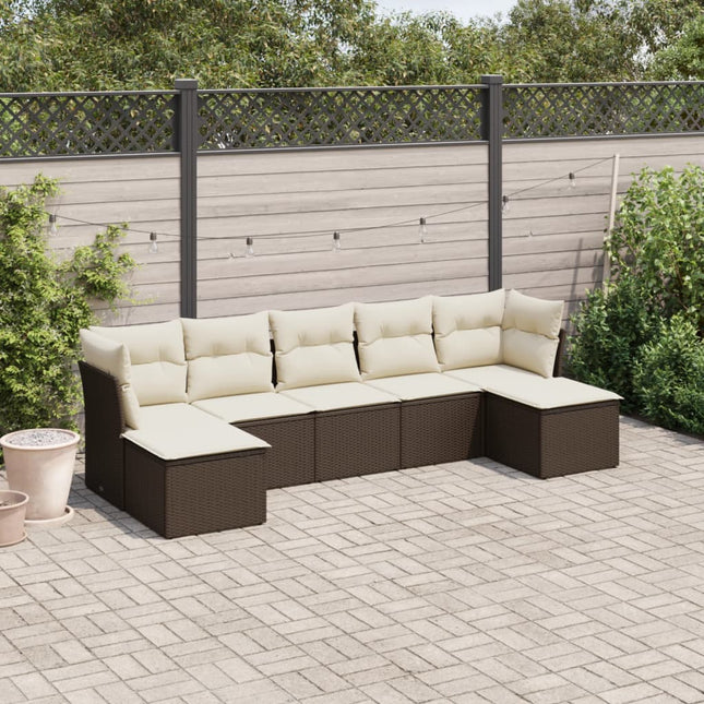 7-delige Loungeset met kussens poly rattan bruin 1 Bruin en crème