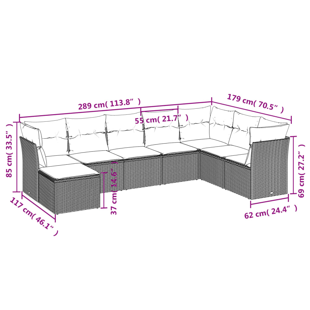 8-delige Loungeset met kussens poly rattan lichtgrijs