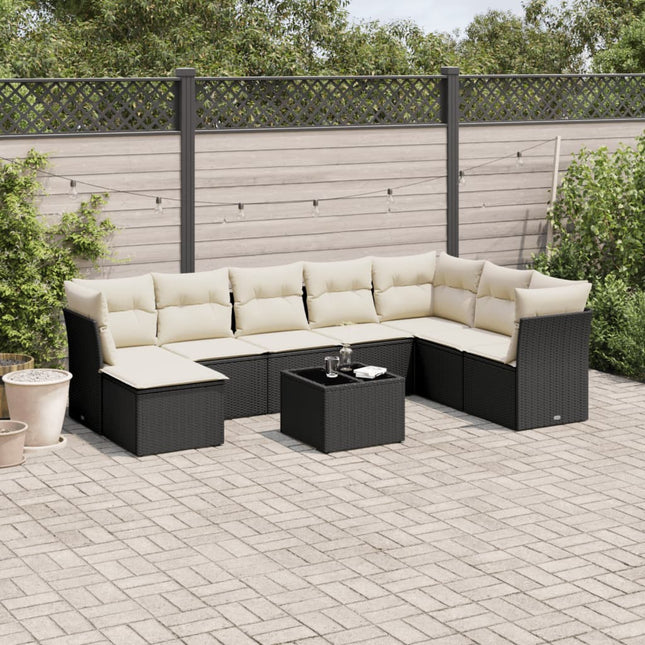 9-delige Loungeset met kussens poly rattan zwart Zwart en crème Zonder tafel