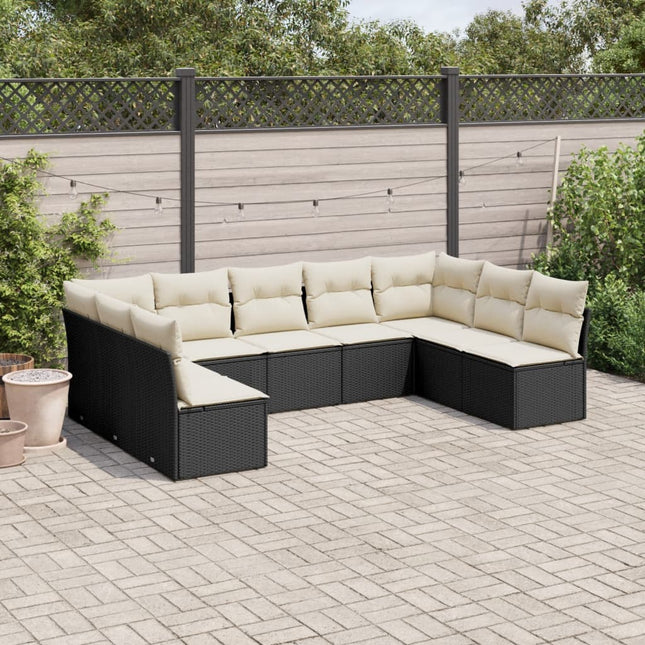 9-delige Loungeset met kussens poly rattan zwart 1 Zwart en crème