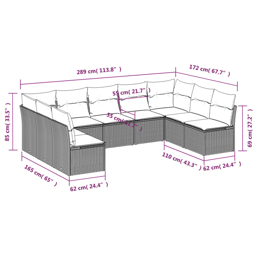 9-Delige Loungeset Met Kussens Poly Rattan Bruin en crème Met tafel