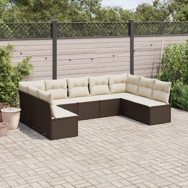 9-Delige Loungeset Met Kussens Poly Rattan Bruin en crème Met tafel