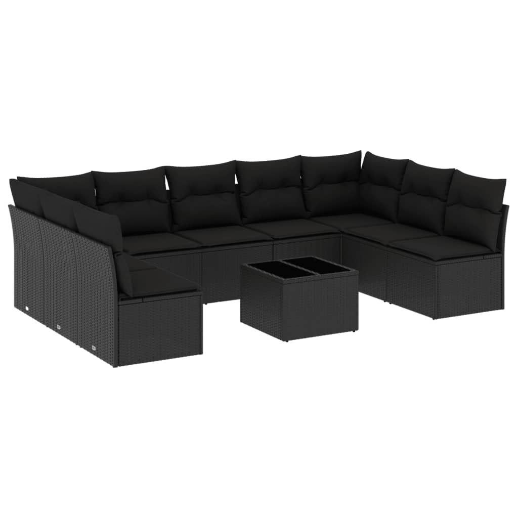 10-delige Loungeset met kussens poly rattan zwart Zwart Zonder tafel