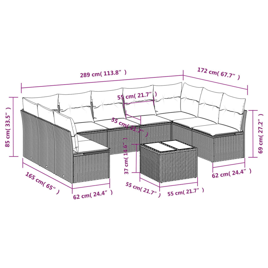 10-Delige Loungeset Met Kussens Poly Rattan Beige