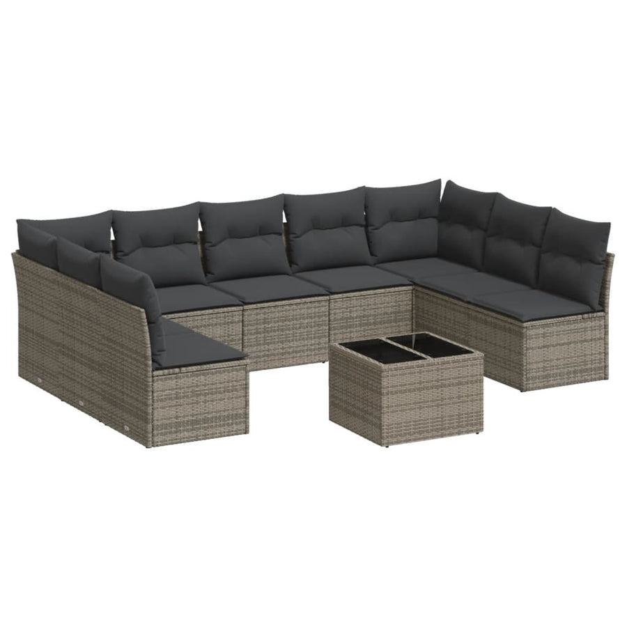 10-delige Loungeset met kussens poly rattan grijs Grijs Zonder tafel