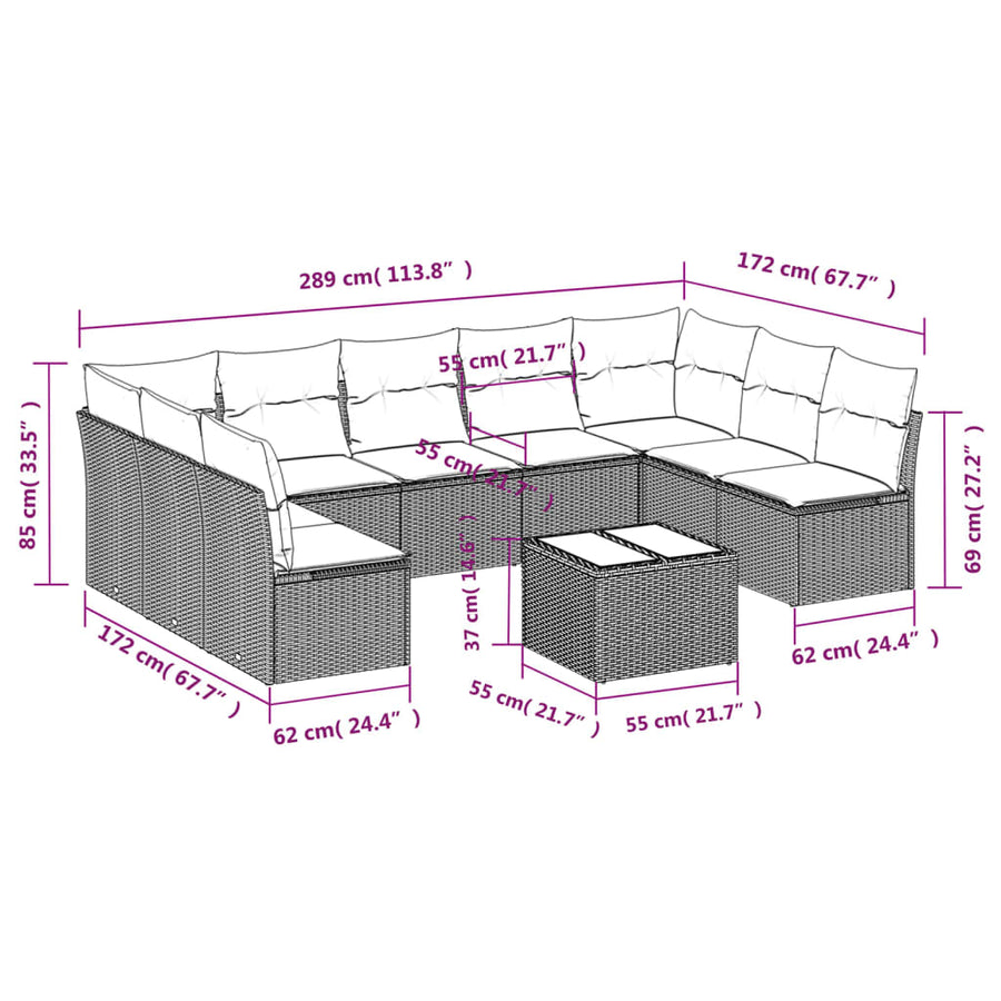 10-delige Loungeset met kussens poly rattan grijs Grijs Zonder tafel