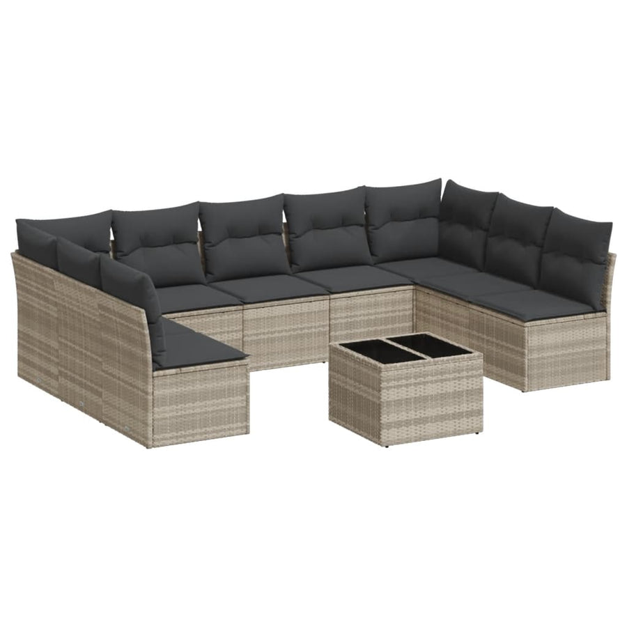 10-delige Loungeset met kussens poly rattan lichtgrijs