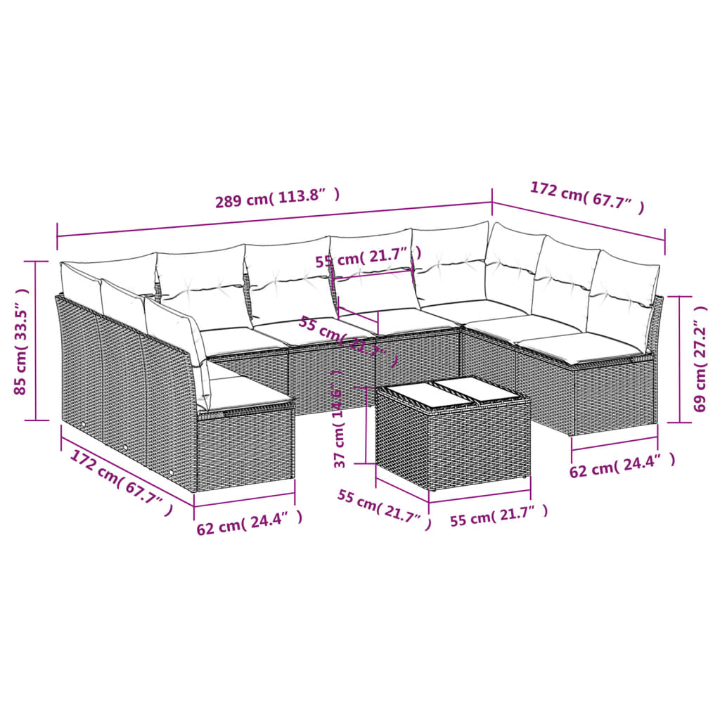 10-delige Loungeset met kussens poly rattan lichtgrijs