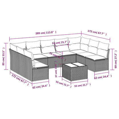 10-delige Loungeset met kussens poly rattan lichtgrijs