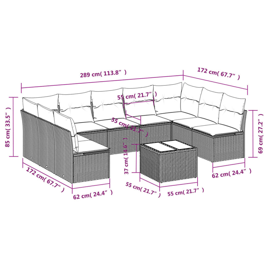 10-delige Loungeset met kussens poly rattan lichtgrijs