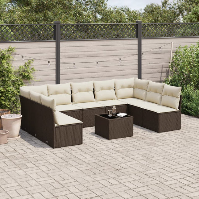 10-delige Loungeset met kussens poly rattan bruin