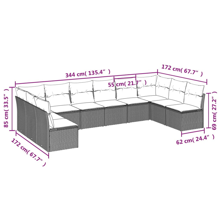 10-Delige Loungeset Met Kussens Poly Rattan Zwart