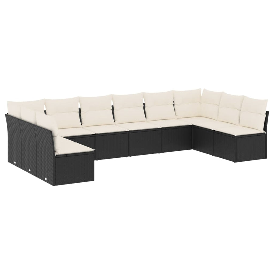 10-delige Loungeset met kussens poly rattan zwart Zwart en crème