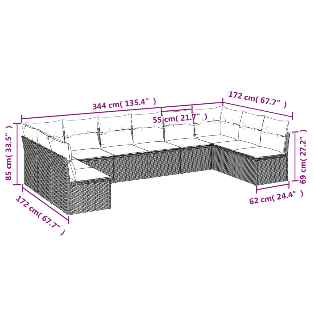 10-delige Loungeset met kussens poly rattan zwart Zwart en crème