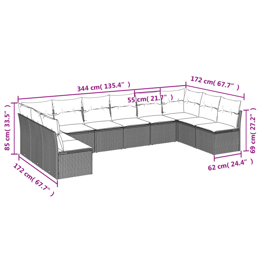 10-Delige Loungeset Met Kussens Poly Rattan Beige Blauw