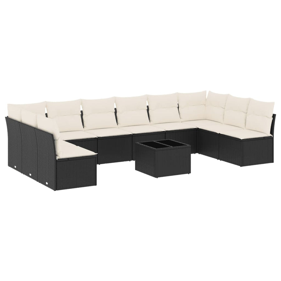 11-delige Loungeset met kussens poly rattan zwart Zwart en crème Zonder tafel