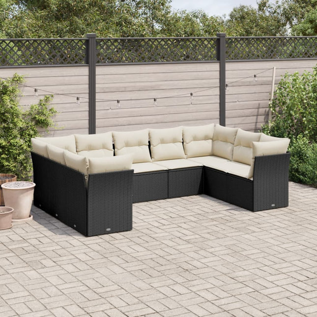 9-delige Loungeset met kussens poly rattan zwart Zwart en crème Zonder tafel