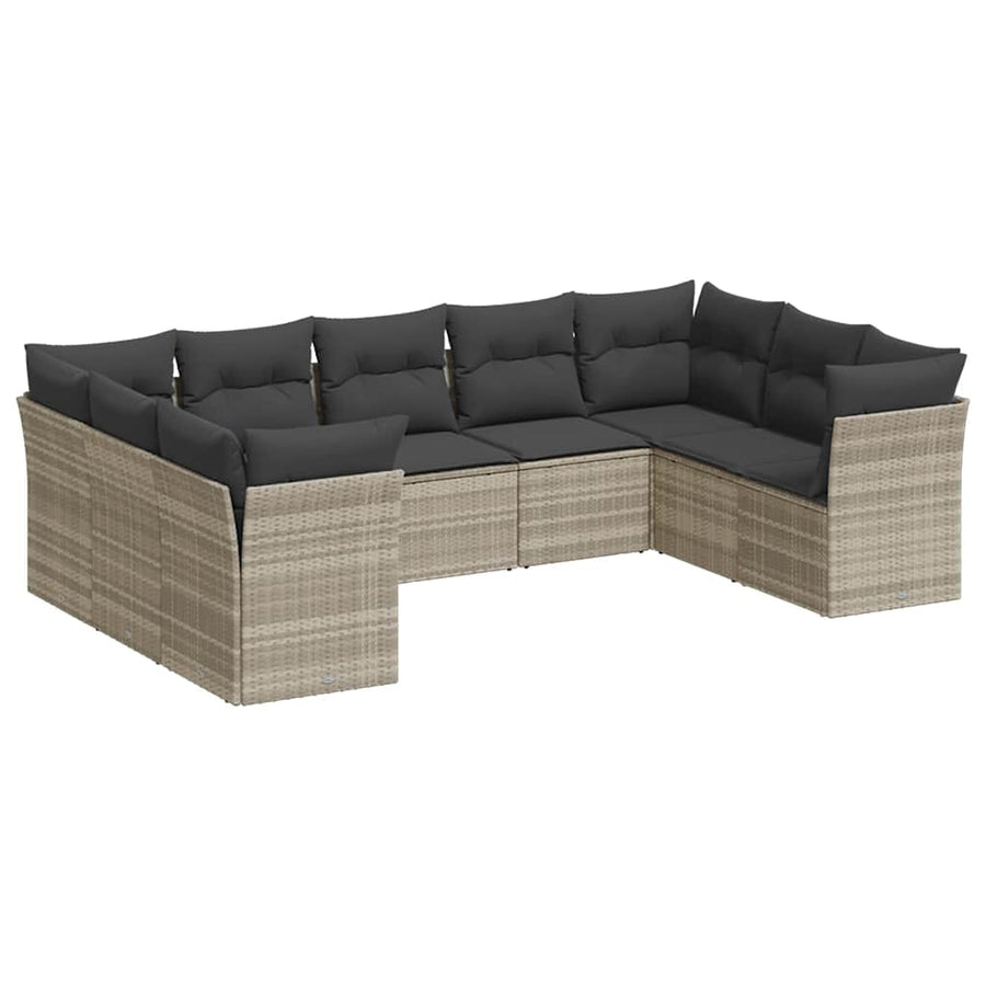 9-delige Loungeset met kussens poly rattan lichtgrijs