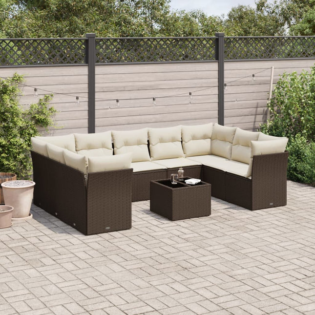 10-delige Loungeset met kussens poly rattan bruin