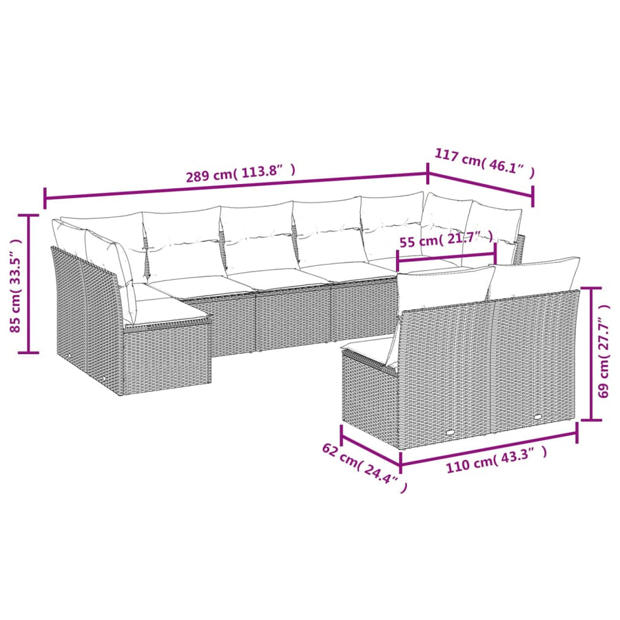 9-Delige Loungeset Met Kussens Poly Rattan Grijs